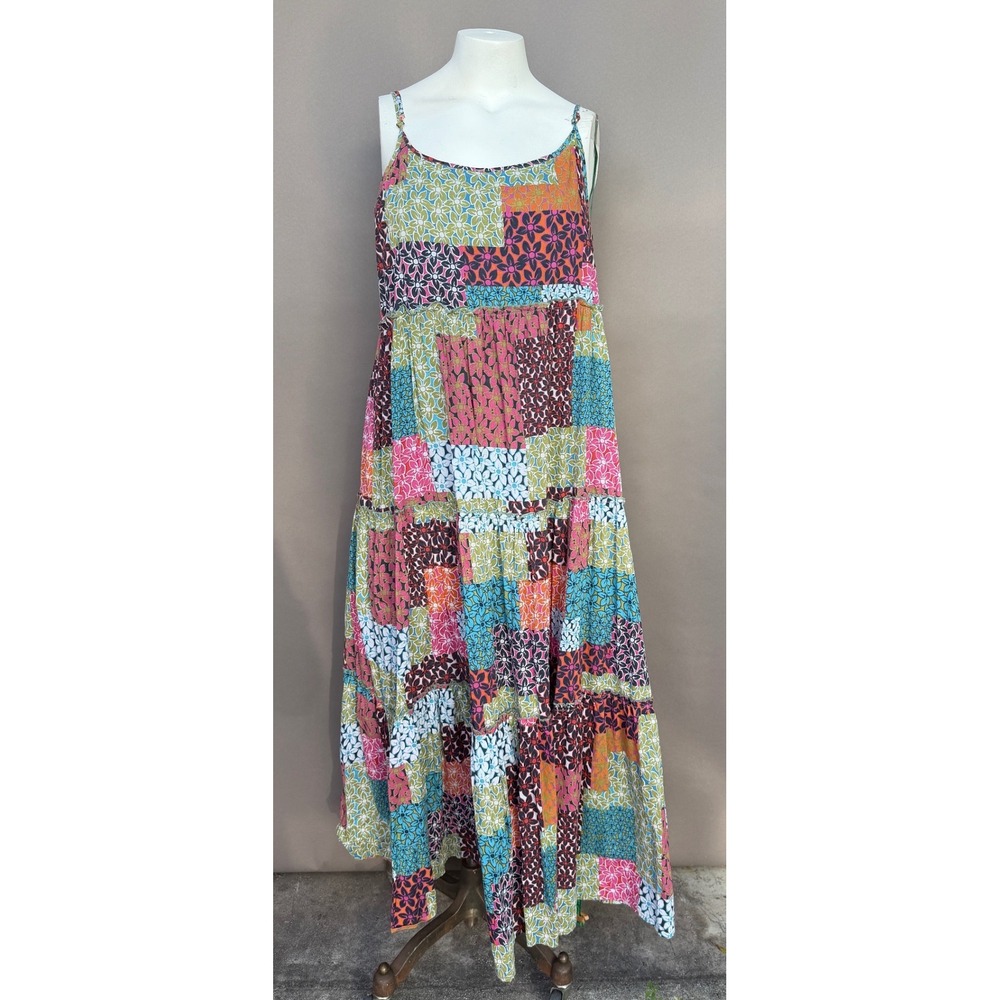 Natural Life Patchwork Maxi Dress L Floral Tiered Cotton Boho Sun Dress Colorful